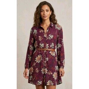Basement Collection Women Button Down Long Sleeve Burgundy Floral Casual Dress M